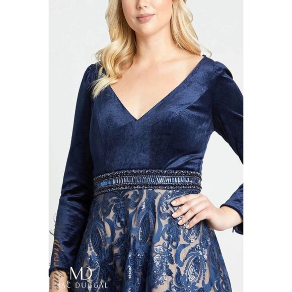 NEW Mac Duggal 67891 V Neck Velvet Sequined Evening Dress Blue Women's Sz. 20W - Picture 2 of 6